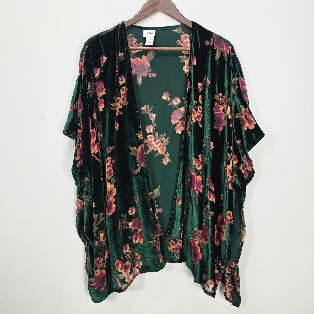 Daytrip Velvet Burnout Kimono Wrap Cardigan L Green Floral Boho Poison Ivy